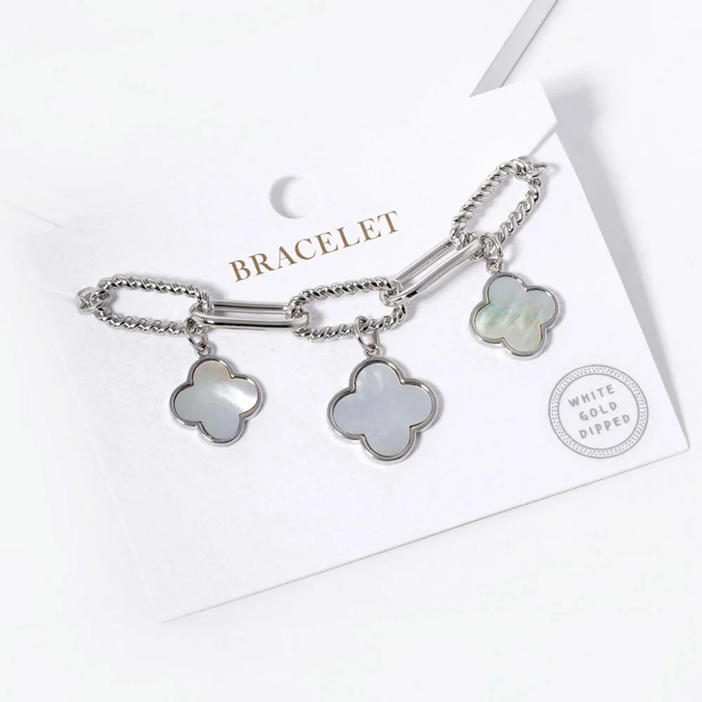 White Gold Clover Mother of Pearl Quatrefoil Station Dangle Charm Bracelet Chain